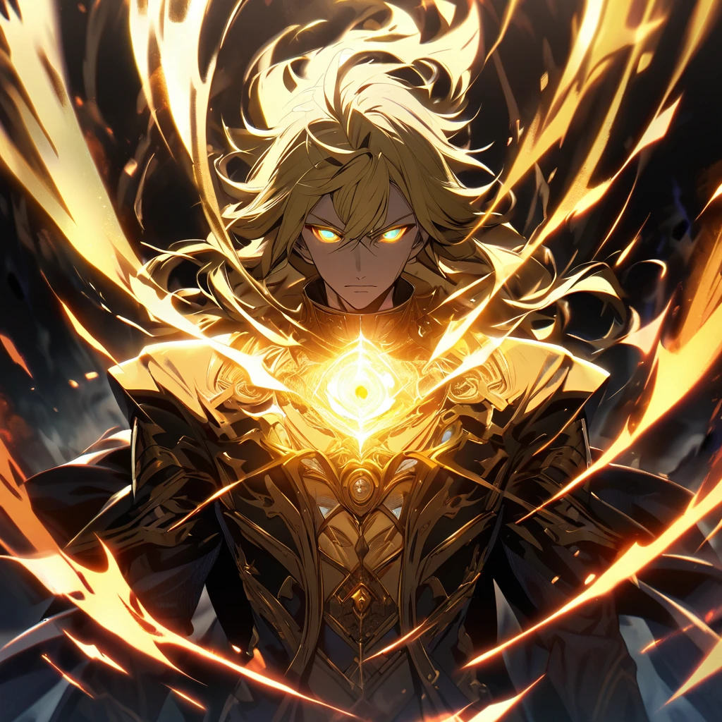 male, solo, handsome, blond hair, god, god eyes, glowing eyes, light, aura, holo, golden