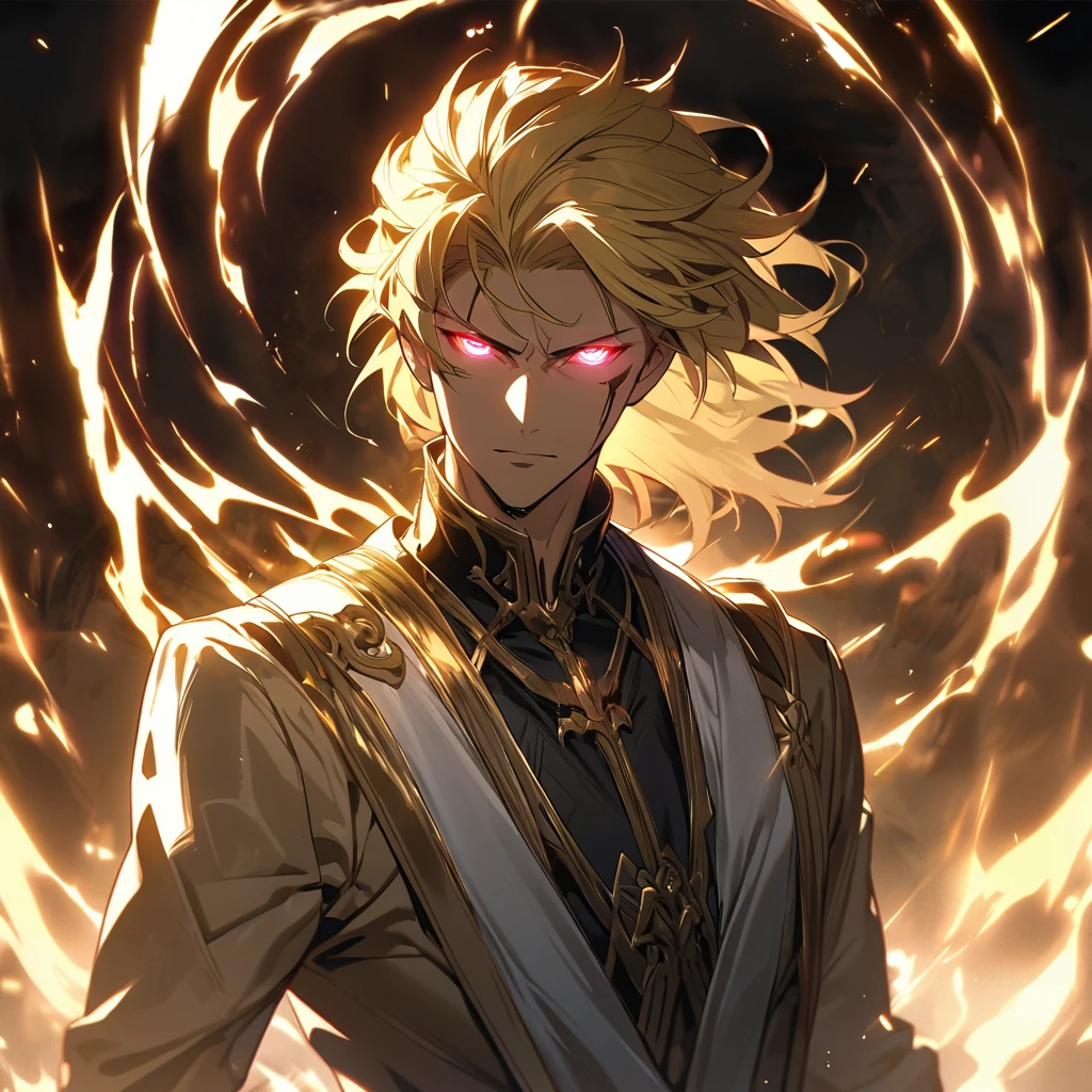 male, solo, handsome, blond hair, god, god eyes, glowing eyes, light, aura, holo, golden