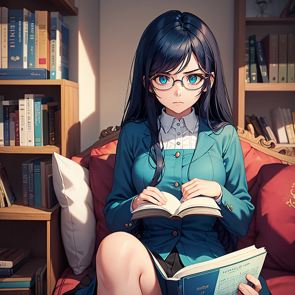 A girl with long dark blue hair with turquoise locks, She wears glasses and is pale, her eyes are dark blue, she dresses formally and is holding a book., She is 29 years old and looks quite serious while reading the book.