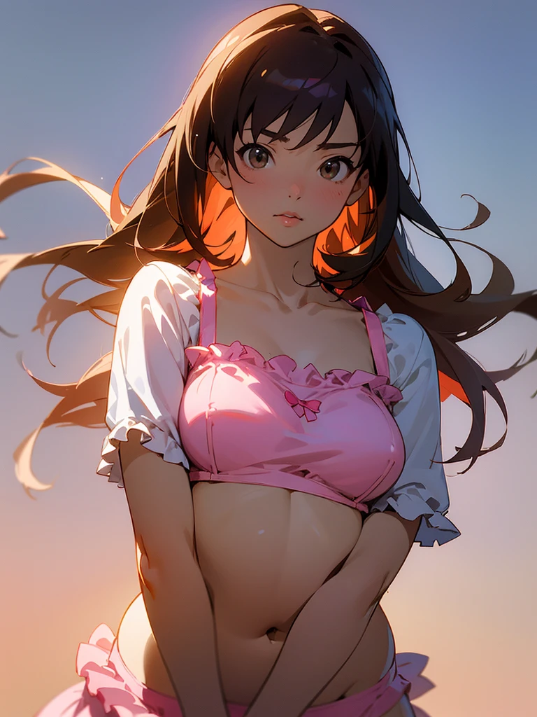 master piece, extremely detailed, high resolution,Makoto Shinkai style、high school girl、1 girl、Upper body only、Colorful and frilly bra、Cute pink panties、Glossy, plump lips、Shiny Hair、Brown Hair、Long Straight Hair、Mid-chest、Narrow waist、Girl&#39;s room view、Backwards、Looking up from below、Skirt is held back、Embarrassed look、Looking at me shyly、Red cheeks、