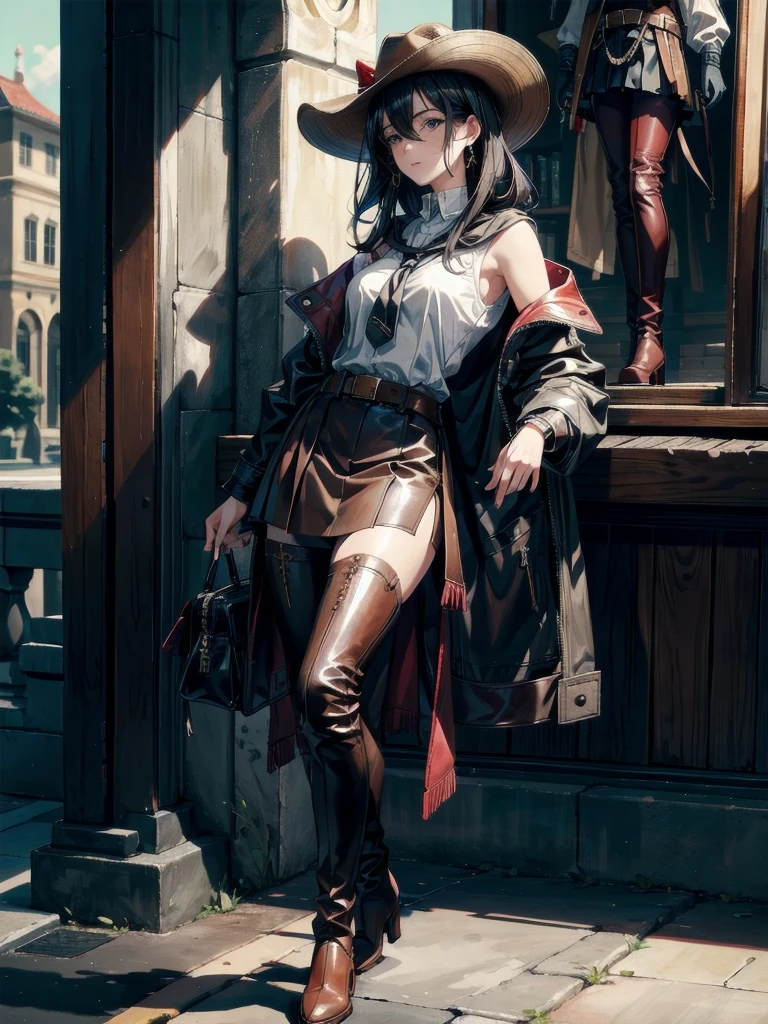 absurdres, RAW photo, extremely delicate and beautiful, masterpiece, Best Quality, ultra high resolution, 32k, hyperrealistic, ultra-detailed, in her 20s, delicate facial features, tearful mole, earring, medium breasts, full body shot, shorter middle hair, black hair, School_uniform, Skirt, cool cowgirl, fantasy adventurer, cowboy hat, decorated hooded armor jacket, cross belt, Brown leather pants, Red leather long boots,