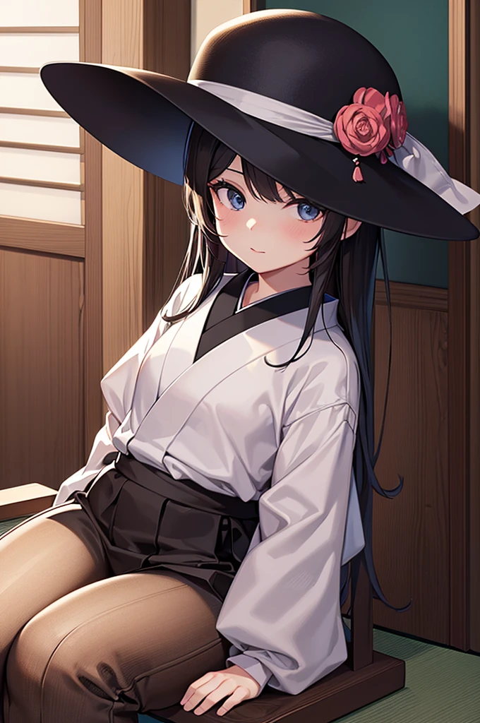 a close up of a person sitting on a chair with a hat on, remodernism, a stock photo, by Nagasawa Rosetsu, pixiv 3dcg, realistic , full art, japanese girl , japanese light novel cover