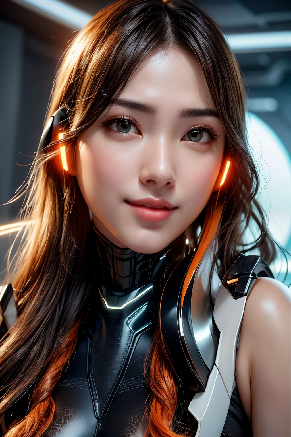 Top Quality, Masterpiece, Ultra High Resolution, (Photorealistic: 1.4), Raw Photo, 1 Girl, Black Hair, Glossy Skin, 1 Mechanical Girl, (((Ultra Realistic Details)), Portrait, Global Illumination, Shadows, Octane Rendering, 8K, Ultra Sharp, Intricate Ornaments Details, realistic skin, sweat effect, ((she looking at her Futuristic Headphone)), very intricate detail, realistic light, CGSoation trend, brown eyes, glowing eyes, matte black and glossy orange bodysuit, orange lining on suit, Long hair, Ponytail hair, Half body shot, spaceship bridge background, dynamic pose, cute smiling,