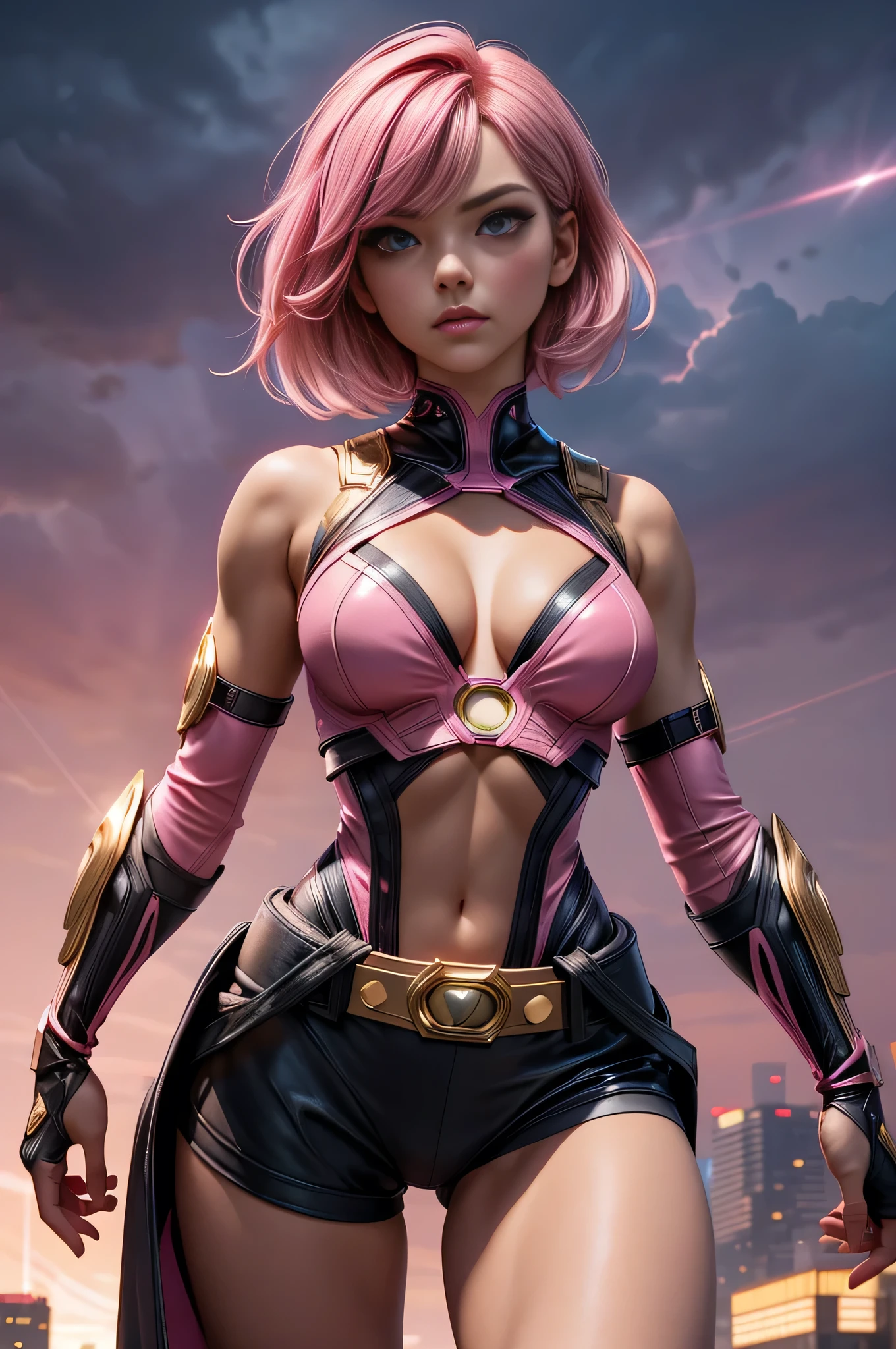 1girl, medium breasts, leotard, pink and black leotard, bare legs, tight belt, gold belt, gloves, white glove, 
city backdrop, tokyo city backdrop, solo, single, cowboy shot, superhero, beautiful detailed eyes, 20 year old girl, 
gold symbol on chest, mask, pink hair, short hair, bob hair, sleeveless, perfect anatomy, masterpiece, bare stomach, cleavage
Strong, powerful, Front facing camera. Eyes glow with electric power, pink
superhero pose, dramatic lighting. storm clouds in sky, dramatic sky, lighting, glowing, lens flare.
leaning forwards over viewer
