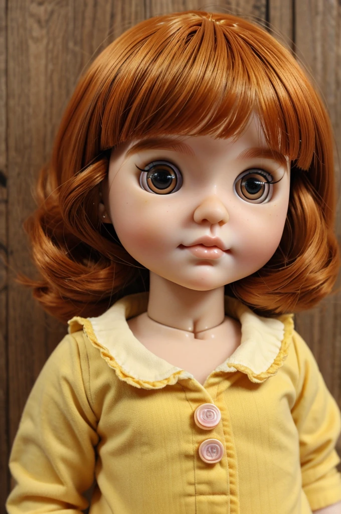 Blythe dolls doll with short dark orange hair and yellow eyes cute  face and rosy cheeks