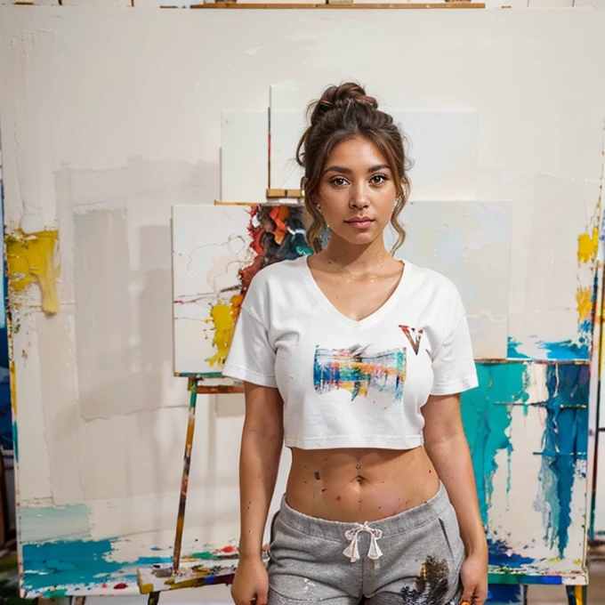 Instagram influencer, Latina female, 27 years old, athletic body, large breasts, tan skin, long wavy brown hair up in a bun, ((hazel eye color)). Wearing comfortable Heather gray sweat pants and a (((white v-neck t-shirt))). Standing at an easel, (((painting abstract art))), setting is an artist’s studio. 