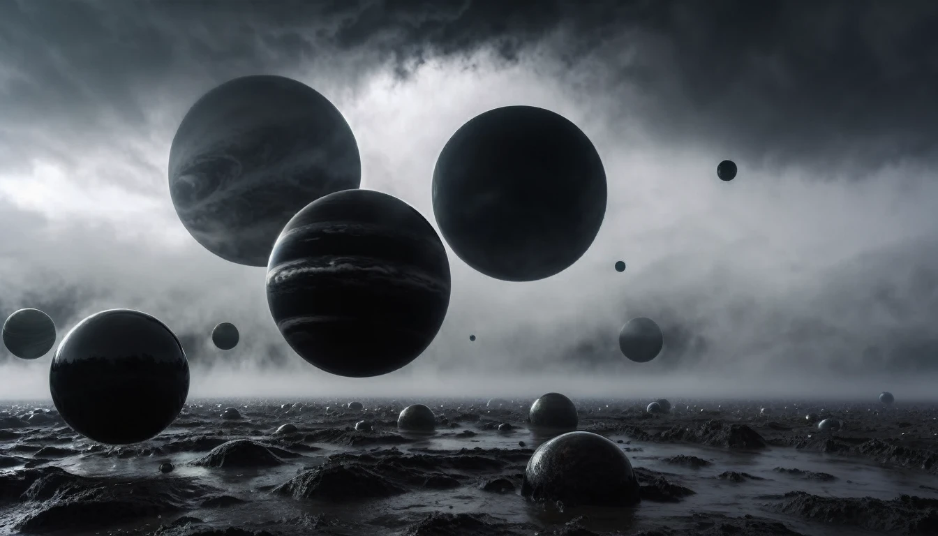 (((PLANETS ALMOST TOUCHING EXCHANGING MATTER))), ON A STORMY GRAY DAY THE GIANT BLACK PLANETS ARE SEEN, R STYLE.h. GIGER VERY CLOSE, ALMOST TOUCHING. SHOWS GRAVITATIONAL FIELD ABSORBING AND RELEASING MATTER MUTUALLY, 4k image, ALTA RESOLUCIÓN E hÍPER REALISTA, FILM DAYLIGHTING, CLOUDY DAY WITH FOG
