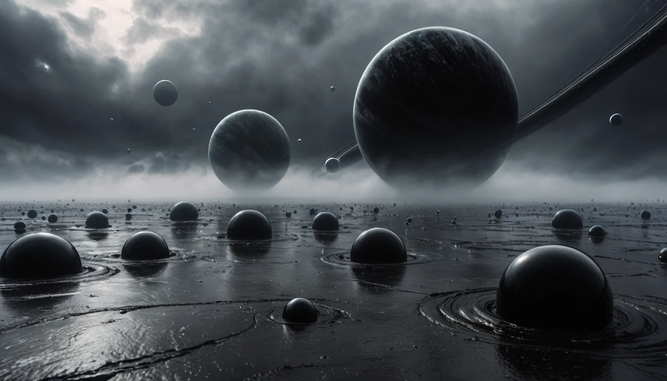 (((PLANETS ALMOST TOUCHING EXCHANGING MATTER))), ON A STORMY GRAY DAY THE GIANT BLACK PLANETS ARE SEEN, R STYLE.h. GIGER VERY CLOSE, ALMOST TOUCHING. SHOWS GRAVITATIONAL FIELD ABSORBING AND RELEASING MATTER MUTUALLY, 4k image, ALTA RESOLUCIÓN E hÍPER REALISTA, FILM DAYLIGHTING, CLOUDY DAY WITH FOG