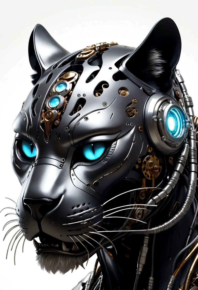 Highest quality, spectacular lighting, scary expression, aggressive expression, roaring, spectacular atmosphere, futuristic, panther helmet, head portrait, metal cat, cyborg. ,cyberpunk style,mechanical intricate details, complicated details Too much detail, light bulbs, cinematic images, vignettes, white background effects, cats, head shots.