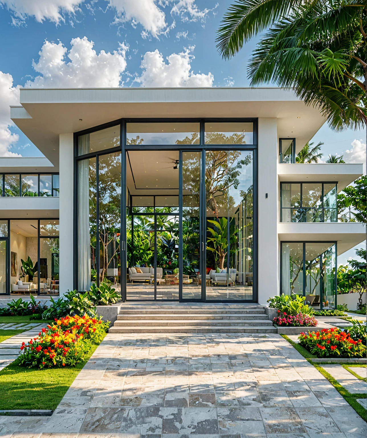 modern villa on street, (overcast lighting:1.2), tropical tree, vivid color, curve wall, streetcapes, nice sky, grey and wwhite tone, (large glass door:1.2), warm interior lighting, modern material, best quality, ultra realistic, masterpiece, 17ArchiAI_XL_VL-v1
