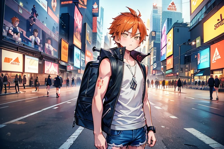 (masterpeace, best quality, good quality:1.4), masterpeace, intricate details,black jaket,cyber punk street,no thishirt,shorts denim bermuda shorts an adidas sneakers boy standing in a city with a backpack Boy Child with sleeveless sweatshirt in the middle of a busy avenue in Times Square style, winter, leaning against one of the posts, orange hair child, wearing a cold sleeveless jacket, slightly unbuttoned jacket , ventindo bermuda jeans masculine, little tight in the jacket, sleevelessA close-up of a boy standing in a city with a backpack Boy  in a sleeveless sweatshirt in the middle of a busy Times Square-style avenue, winter, leaning against one of the posts, orange hair , wearing a cold sleeveless jacket, slightly unbuttoned jacket , masculine, little tight in the jacket, sleeveless Masterpiece, Best Quality, Ultra Detailed, 1man