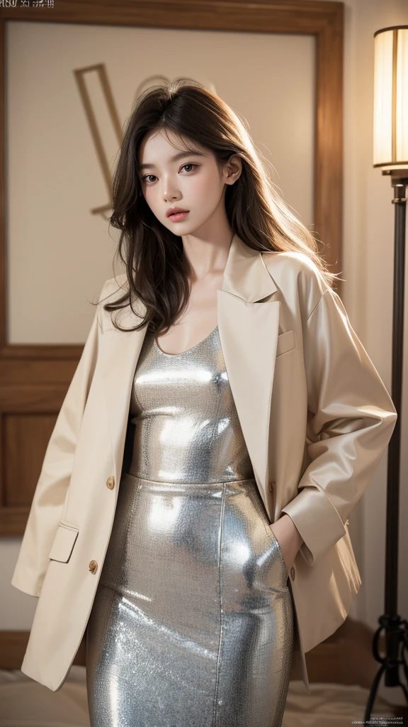 Fashion Photography by 1girl,soft light,rim light,beautiful,realistic,raw photo,natural skin texture,realistic 눈과 얼굴 디테일,surrealism,ultra high resolution,4K,best quality,masterpiece,Fashion Magazine,vogue magazine,Whimsical fashion,magazine cover,stylish jacket,touch one&#39;s chest,large_hip,femur_gap,floating_hair,hair_blowing,shining_skin,big_femur,Thick_femur,Wearing only an open blazer,underwear
