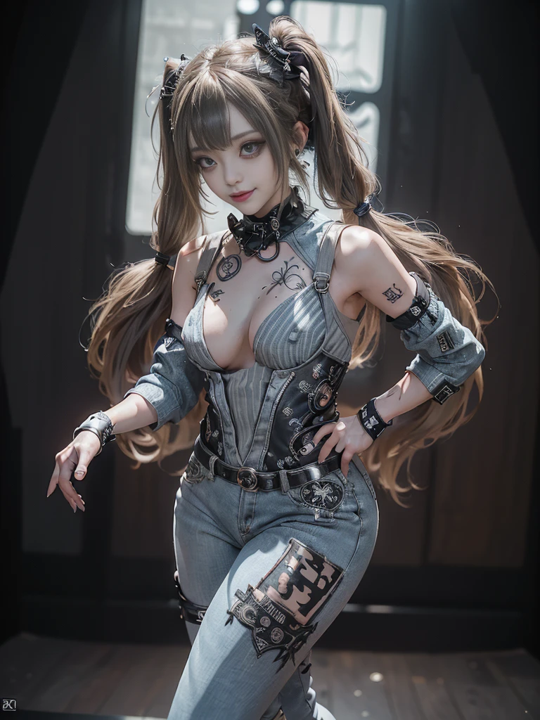 (Full Body View:1.4)、(Side view:1.1)、(Smiling with teeth showing:1.3),(Shibuya Gal:1.5)、(Gothic ta style fashion:1.5)、(Punk RockVisual Kei:1.5)、(Wearing a rhythmic gymnastics bodysuit with intricate details:1.4)、(Racing suit and pants with intricate decorations in white, denim and charcoal:1.5)、(Denim and light blue and white boots:1.3)、((belt))、(Numerous delicate logo marks all over the costume:1.4)、(collar:1.3)、(Striped underwear:1.5)、20-year-old、NSFW、((Highest quality、In 8K、masterpiece:1.3))、Sharp focus:1.2、(Layered Cut、Huge boobs:1.1),Beautiful woman with perfect figure:1.4、(Dancing vigorously:1.3)、Slender Abs:1.2、Highly detailed face and skin texture、Detailed eyes、double eyelid,(Twin tails:1.3)、(Brown-golden hair:1.3)、Gravure idol、(The background is the stage of the fashion show:1.3)、(Slim body:1.3),(Make your legs thinner:1.4),(clavicle:1.1)、(Thin and slim thighs:1.3)