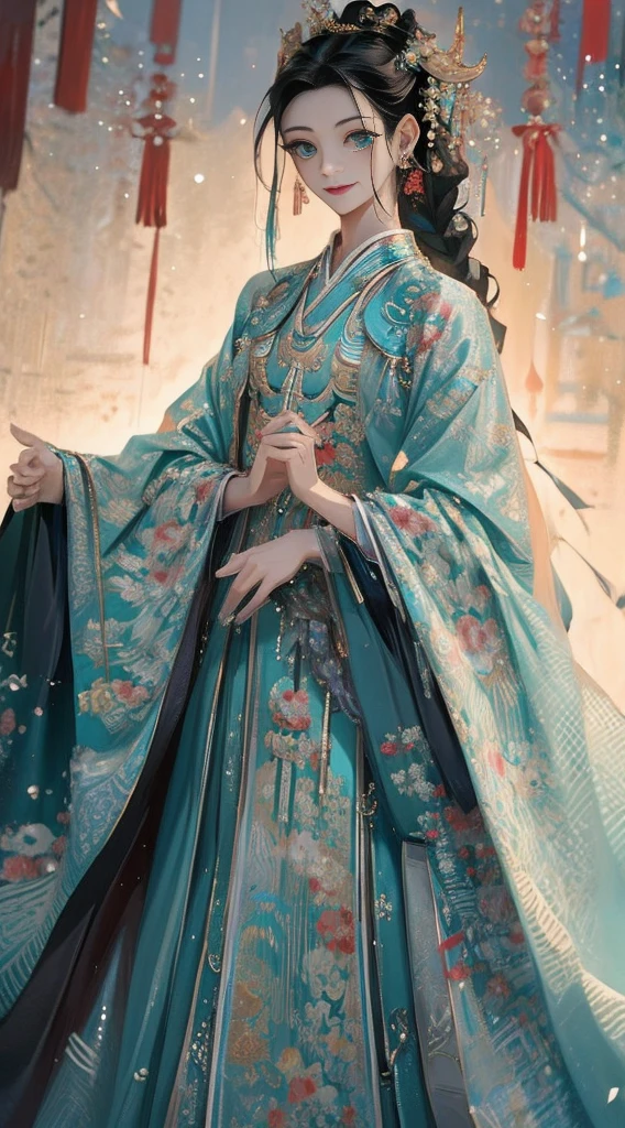 anime styling,
natta, 
New boy, Age 22, teal hanfu, smiling, he has a slim body, black braided hair, greeneyes, earrings in the ears, discreet necklace with pendant, innocent, fluffy hair, 