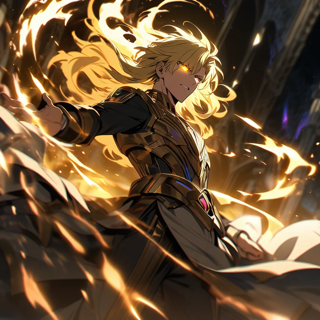 male, solo, handsome, blond hair, god, god eyes, glowing eyes, light, aura, holo, golden