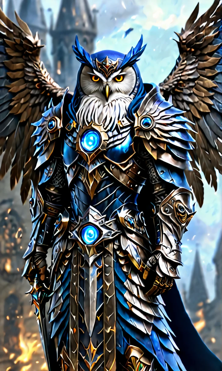 Warrior with metal owl armor, Owl wizard with big wings, Vogelkrieger, Fantasy Art Behance, fantasy card game art, Highly detailed fantasy characters, Fantasy Character Grapher, Epische Fantasy Character Grapher, 4K Fantasy Art, Realistic fantasy artwork, Epic Digital Fantasy Art Style, High quality fantasy art, Epische fantasy card game art