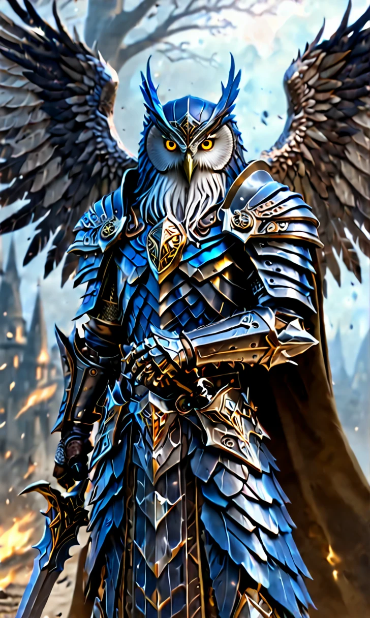 Warrior with metal owl armor, Owl wizard with big wings, Vogelkrieger, Fantasy Art Behance, fantasy card game art, Highly detailed fantasy characters, Fantasy Character Grapher, Epische Fantasy Character Grapher, 4K Fantasy Art, Realistic fantasy artwork, Epic Digital Fantasy Art Style, High quality fantasy art, Epische fantasy card game art