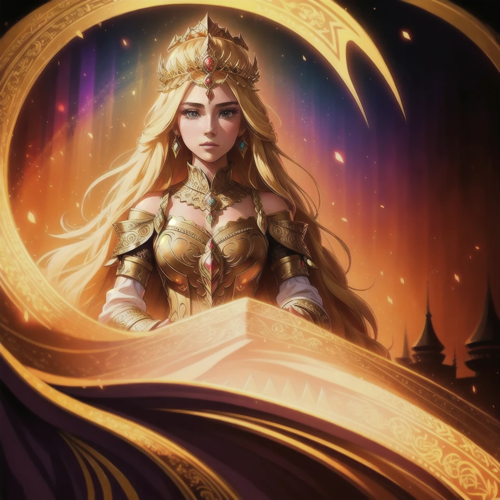 A beautiful princess with long blonde hair, elegant and regal posing as a queen, yugioh style, detailed face, intricate crown, ornate jewelry, flowing dress, dramatic lighting, cinematic composition, vibrant colors, fantasy art, digital painting, photorealistic, 8k, best quality, masterpiece