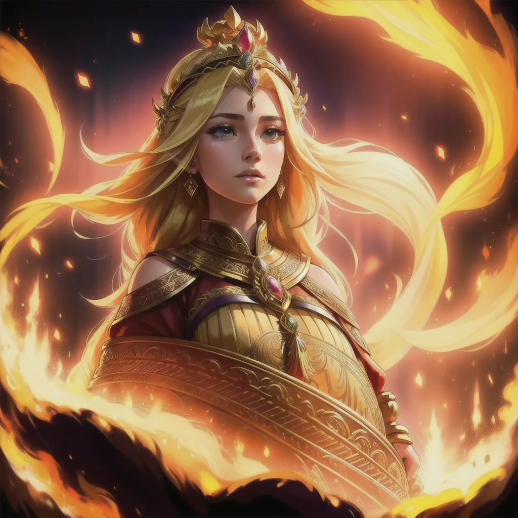 A beautiful princess with long blonde hair, elegant and regal posing as a queen, yugioh style, detailed face, intricate crown, ornate jewelry, flowing dress, dramatic lighting, cinematic composition, vibrant colors, fantasy art, digital painting, photorealistic, 8k, best quality, masterpiece