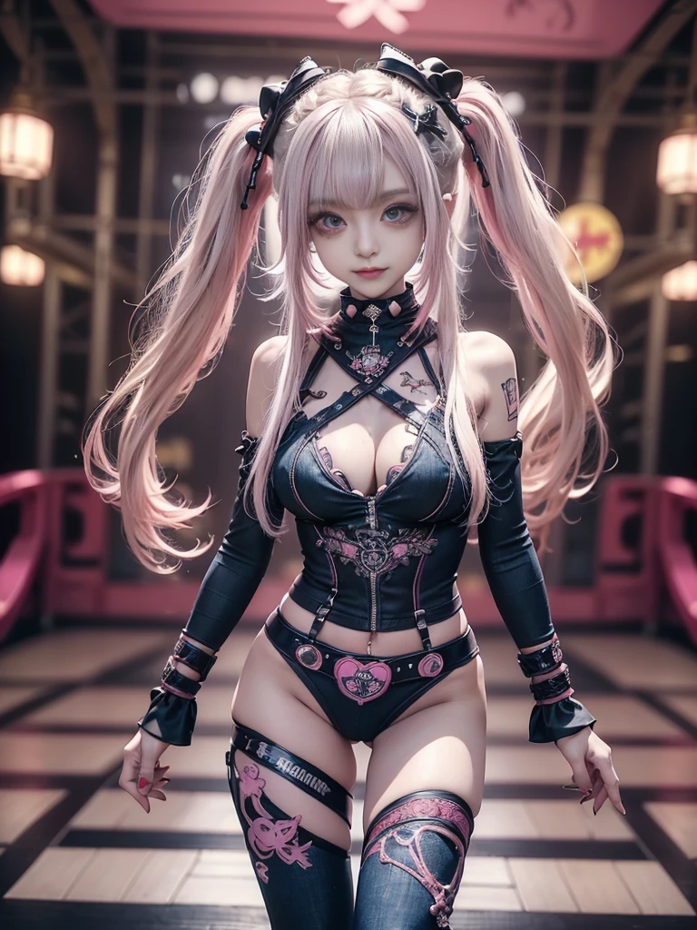 (Full Body View:1.2)、(lotus position:1.1)、(Smiling with teeth showing:1.3),(Shibuya Gal:1.5)、(Gothic ta style fashion:1.5)、(Punk RockVisual Kei:1.5)、(Wearing a rhythmic gymnastics bodysuit with intricate details:1.4)、(Racing suit and pants with intricate decorations in magenta, denim and wine red:1.5)、(Red, brown and white boots:1.3)、((belt))、(Numerous delicate logo marks all over the costume:1.4)、(collar:1.3)、(Striped underwear:1.5)、20-year-old、NSFW、((Highest quality、In 8K、masterpiece:1.3))、Sharp focus:1.2、(Layered Cut、Huge boobs:1.1),Beautiful woman with perfect figure:1.4、(Dancing vigorously:1.3)、Slender Abs:1.2、Highly detailed face and skin texture、Detailed eyes、double eyelid,(Twin tails:1.3)、(Pink and cream hair:1.3)、Gravure idol、(The background is the stage of the fashion show:1.3)、(Slim body:1.3),(Make your legs thinner:1.4),(clavicle:1.1)、(Thin and slim thighs:1.3)