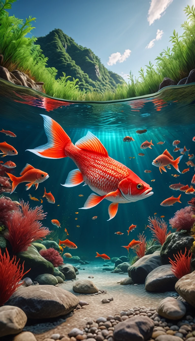 There are red fish at the bottom of the river,Front view(best quality,4K,8K,High level,masterpiece:1.2),Ultra Detailed,(lifelike,Photo real,Photo real:1.37),Highly detailed animals,Complex patterns,Realistic lighting,Fantasy Creatures