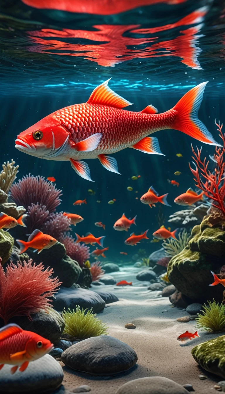 There are red fish at the bottom of the river，Front view(best quality，4K，8K，High level，masterpiece：1.2），Ultra Detailed，（lifelike，Photo real，Photo real：1.37），Highly detailed animals，Complex patterns，Realistic lighting，Fantasy Creatures