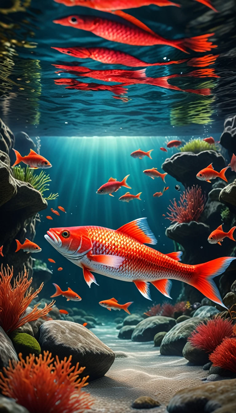 There are red fish at the bottom of the river,Front view(best quality,4K,8K,High level,masterpiece:1.2),Ultra Detailed,(lifelike,Photo real,Photo real:1.37),Highly detailed animals,Complex patterns,Realistic lighting,Fantasy Creatures