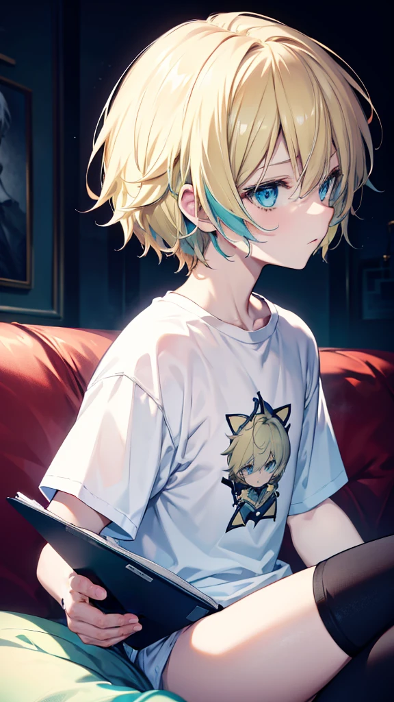 profile background, anime boy, serious face, blond hair, cyan eyes, detailed eyes and face, white t-shirt with a black book drawn in the middle, sitting on the sofa, in the living room, high-res portrait, character, fantasy, 4K, high resolution