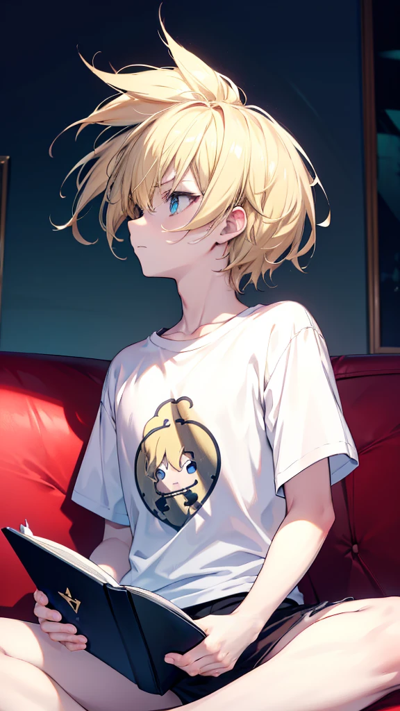 profile background, anime boy, serious face, blond hair, cyan eyes, detailed eyes and face, white t-shirt with a black book drawn in the middle, sitting on the sofa, in the living room, high-res portrait, character, fantasy, 4K, high resolution