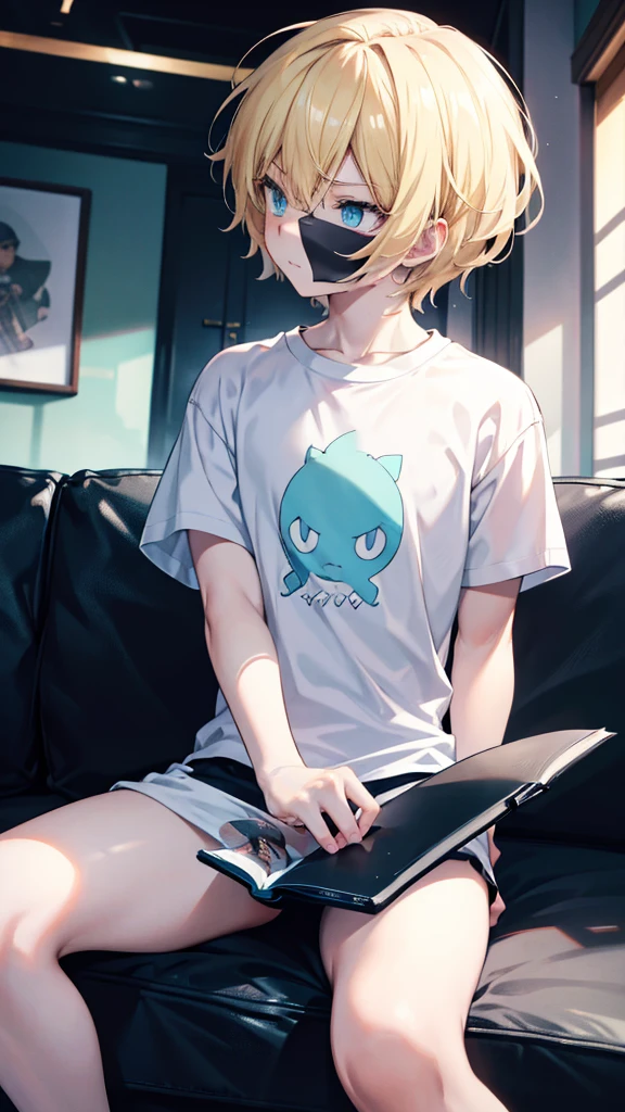 profile background, anime boy, serious face, blond hair, cyan eyes, detailed eyes and face, white t-shirt with a black book drawn in the middle, sitting on the sofa, in the living room, high-res portrait, character, fantasy, 4K, high resolution