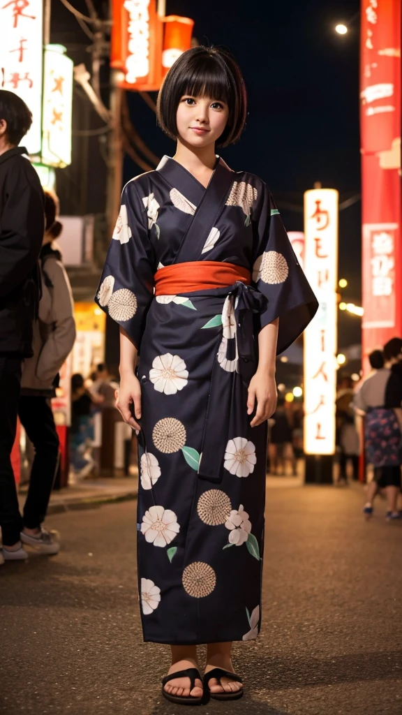 A full-body photo of a beautiful woman with short black hair wearing a yukata at a night festival