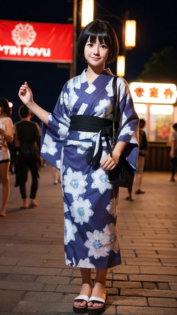 A full-body photo of a beautiful woman with short black hair wearing a yukata at a night festival