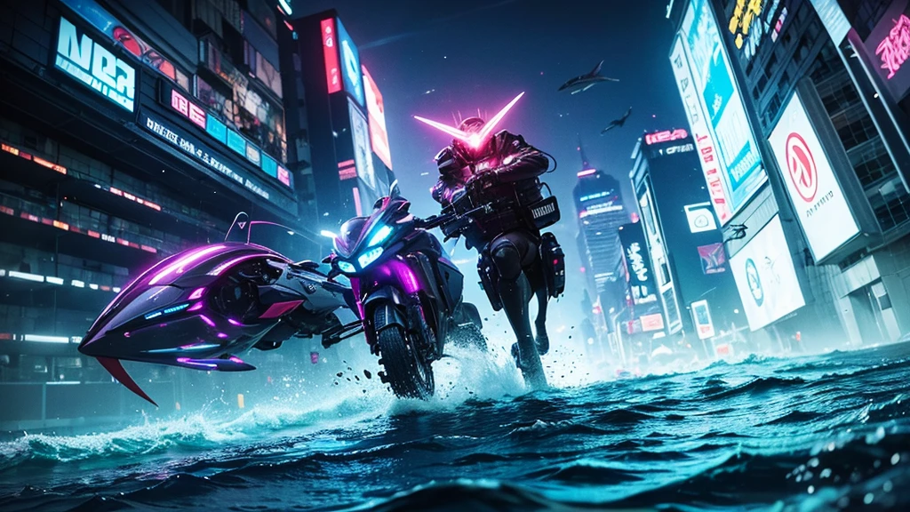 cyberpunk, A dramatic, action-packed photograph of a Mycteroperca brevicarpalis chasing and capturing its prey in a dynamic, underwater scene, pastel, soft tones, vaporwave, neon colors, science fiction, detailed scene