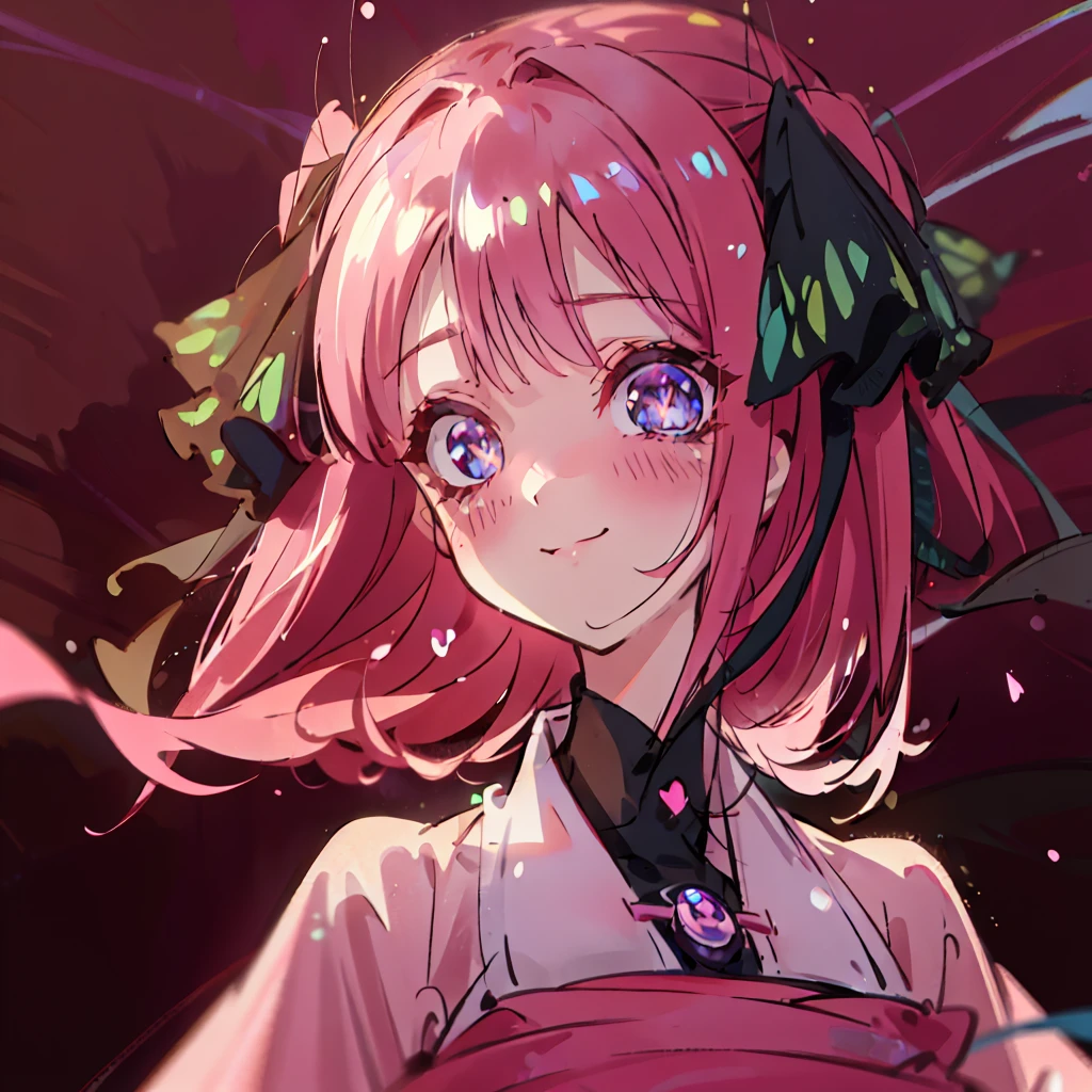 Nino nakano, looking at viewer, happy surprised face, sparkling eyes, smile, joyful cheery smile, happy, overflowing joy, pink silky hair, hair ribbons, (masterpiece:1.2), best quality, high resolution, unity 8k wallpaper, (illustration:0.8), (beautiful detailed eyes:1.6), extremely detailed face, perfect lighting, extremely detailed CG, (perfect hands, perfect anatomy),, sticker, head, minimal, head only, flat colours, simple lines