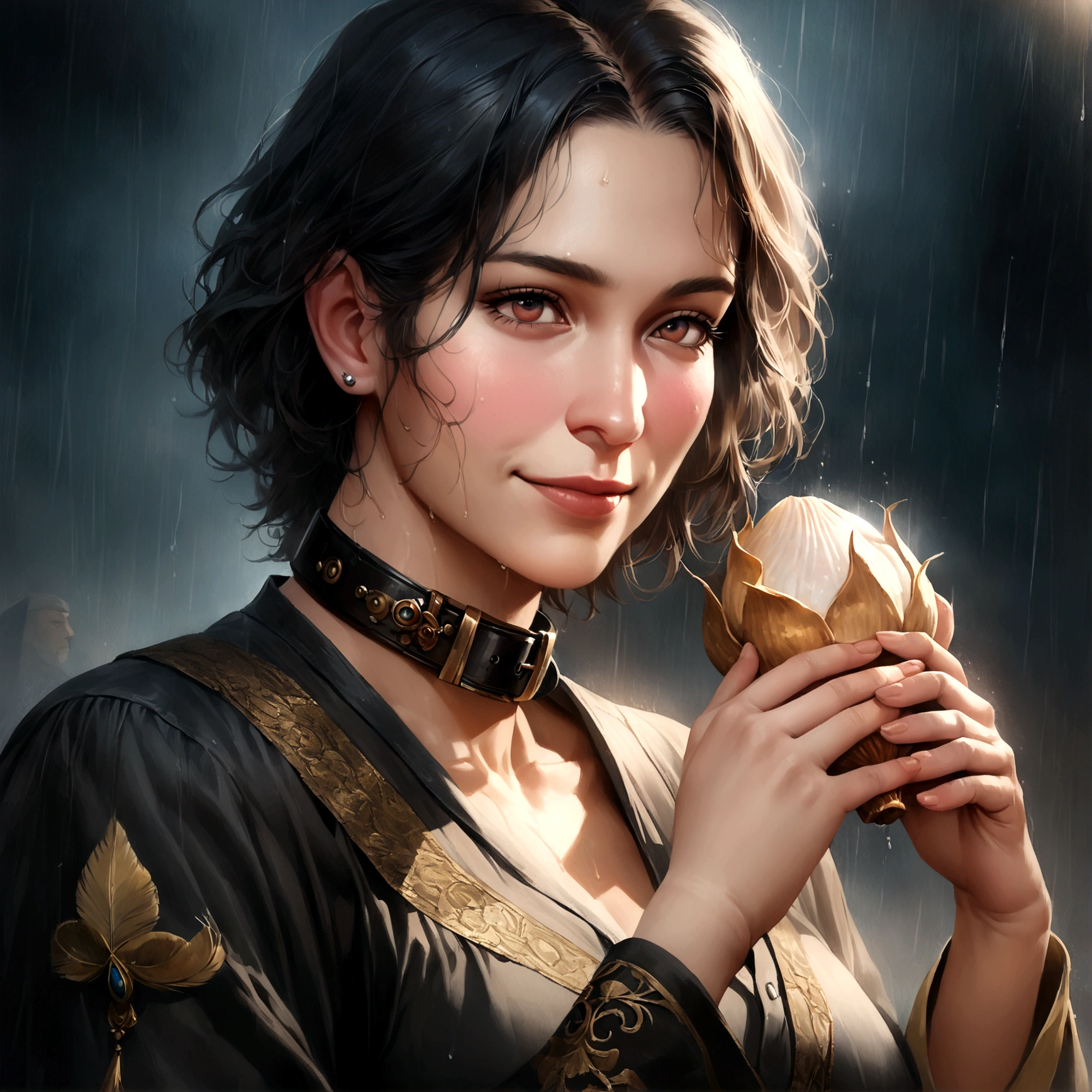 (8k, top quality, masterpiece: 1.2), (realistic, photorealistic: 1.37), super detailed,style man,solo, big breasts, beautiful detailed sky, detailed café, night, (blush), (smile: 1.15), (closed mouth), small, (shirt with collar: 1.1), night, wet, office clothes, rain, white lace, (short hair: 1.2), long hair, historical men character style,historical man,Lord Krishna, the divine prince and supreme guide, stands with graceful elegance, his dark complexion radiating an aura of wisdom and compassion. His piercing eyes shine like stars, filled with ancient knowledge and unconditional love. He wears a gentle smile, embodying his role as a mentor and friend. His iconic peacock feather adorns his head, symbolizing his divine nature. In his hands, he holds the sacred conch shell, representing his power to guide and protect. His presence exudes calmness, wisdom, and spiritual strength, inspiring those around him to embrace their true potential.

