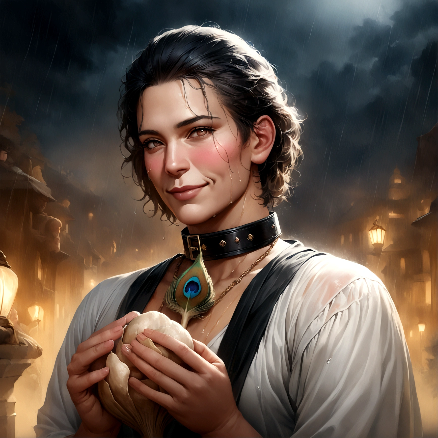 (8k, top quality, masterpiece: 1.2), (realistic, photorealistic: 1.37), super detailed,style man,solo, big breasts, beautiful detailed sky, detailed café, night, (blush), (smile: 1.15), (closed mouth), small, (shirt with collar: 1.1), night, wet, office clothes, rain, white lace, (short hair: 1.2), long hair, historical men character style,historical man,Lord Krishna, the divine prince and supreme guide, stands with graceful elegance, his dark complexion radiating an aura of wisdom and compassion. His piercing eyes shine like stars, filled with ancient knowledge and unconditional love. He wears a gentle smile, embodying his role as a mentor and friend. His iconic peacock feather adorns his head, symbolizing his divine nature. In his hands, he holds the sacred conch shell, representing his power to guide and protect. His presence exudes calmness, wisdom, and spiritual strength, inspiring those around him to embrace their true potential.


