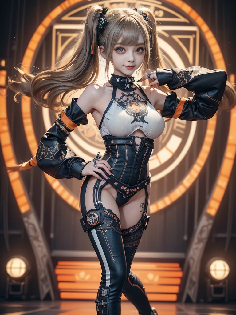 (Full Body View:1.3)、(Back view:1.4)、(Smiling with teeth showing:1.3),(Shibuya Gal:1.5)、(Gothic ta style fashion:1.5)、(Punk RockVisual Kei:1.5)、(Wearing a rhythmic gymnastics bodysuit with intricate details:1.4)、(Racing suit and pants with intricate white and orange decorations:1.5)、(Denim and orange and white boots:1.3)、((belt))、(Numerous delicate logo marks all over the costume:1.4)、(collar:1.3)、(Striped underwear:1.5)、20-year-old、NSFW、((Highest quality、In 8K、masterpiece:1.3))、Sharp focus:1.2、(Layered Cut、Huge boobs:1.1),Beautiful woman with perfect figure:1.4、(Dancing vigorously:1.3)、Slender Abs:1.2、Highly detailed face and skin texture、Detailed eyes、double eyelid,(Twin tails:1.3)、(Brown-golden hair:1.3)、Gravure idol、(The background is the stage of the fashion show:1.3)、(Slim body:1.3),(Make your legs thinner:1.4),(clavicle:1.1)、(Thin and slim thighs:1.3)