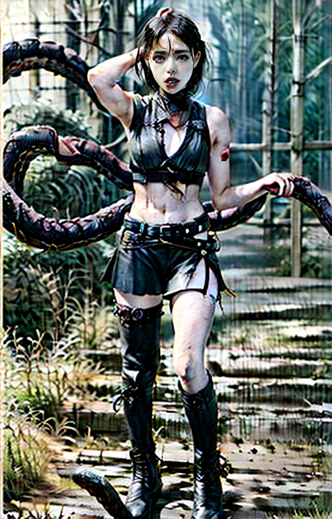 (8k、Highest quality、masterpiece:1.2)、(Realism、Photorealistic:1.37)、Ultra high definition、Beautiful Ninja Girl、short hair、Black Crop Top Leather Armor、Tea belt、Thigh Sheath、Japanese sword、Leather handbags、Black Mini Leather Skirt、Black above-the-knee flat boots、Tight leather suit、Leather texture、Full body photo、Lying on the ground、Spread your legs、(((The background is a prison、Hands clasped behind head、Surrounded by tentacles、The body is connected by many tentacles.,、Hands bound by tentacles、The legs are tied with tentacles、Tentacles groping the whole body、Kneel、Kneel weakly)))、Light Skin、(((pain、Expression of pain、suffering、suffering、Panic look、Open your mouth and scream、Annoyed expression、彼の顔にはAnnoyed expressionが浮かんでいた、Get help)))、
