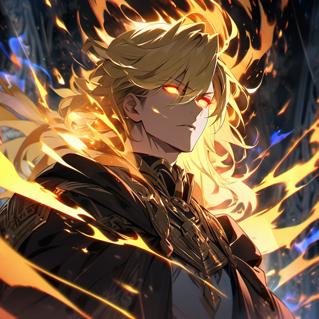 male, solo, handsome, blond hair, god, god eyes, glowing eyes, light, aura, holo, golden
