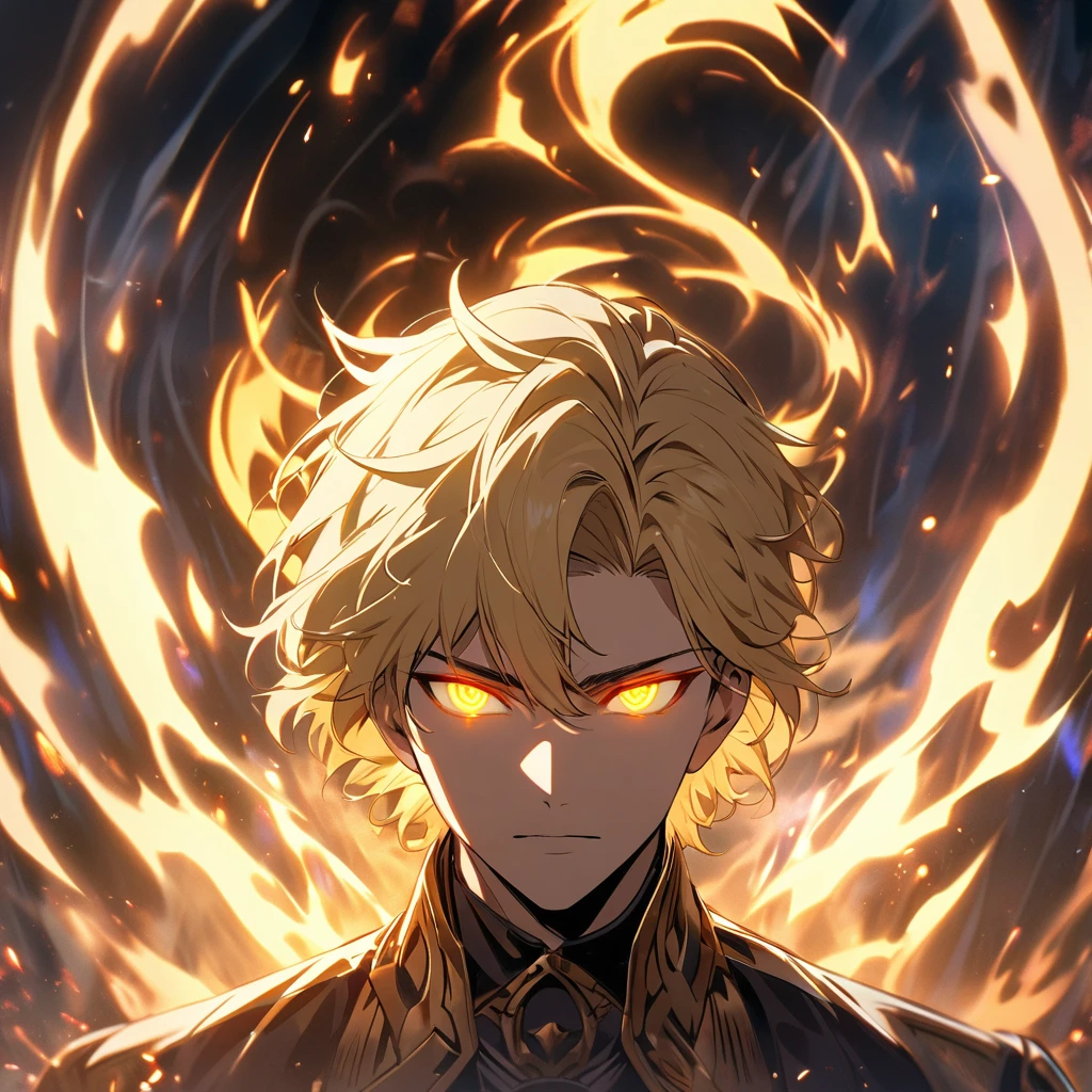 male, solo, handsome, blond hair, god, god eyes, glowing eyes, light, aura, holo, golden