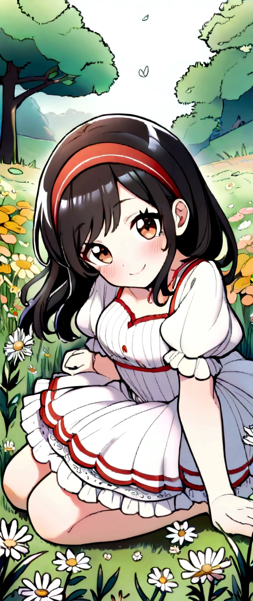 1girl, smile, head tilt, blush, (dress, puffy sleeves), full body, brown eyes, kneeling, black hair, red hairband, looking at viewer, flowers, meadow, tree, Para colorir,black and white