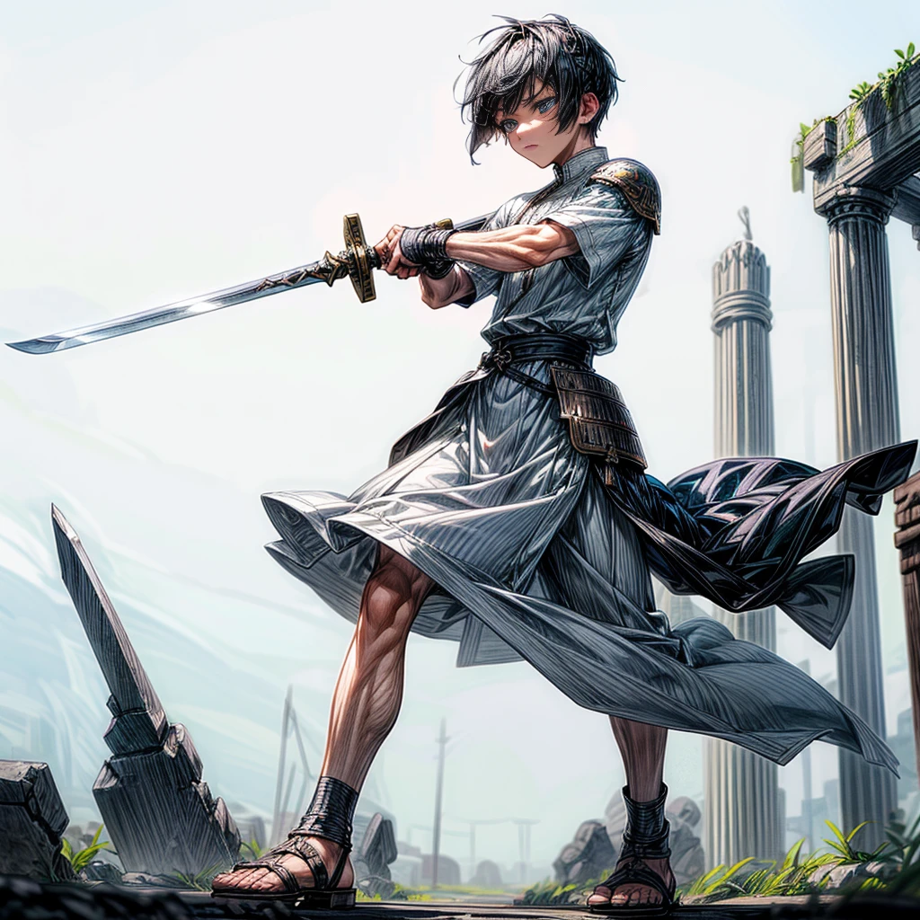 1boys, Full body version, blue eyes, undercut hair, black colour hair, very angry expression, white tunic Ancient Roman clothing, short sleeve shirt, gladiator skirt, gladiator armor, gladiator sandals, Spatha sword in hand, war gesture, Grassroots background