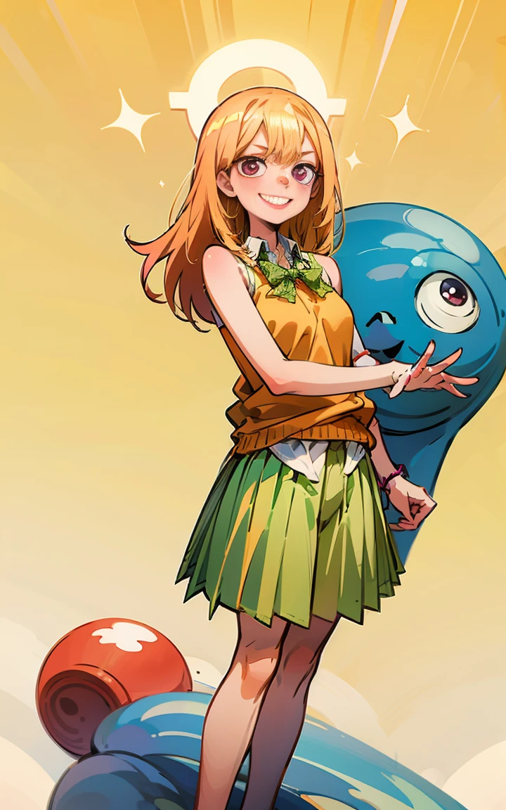 Marin dressed up as Yotsuba Nakano, long blonde hair with pink ends, sparkling pink eyes, sweet face, cheery, playful happy face, lovely, 4k, perfect quality, excellent fusion, excellent character design, green ribbon, sleeveless yellow sweater, collared white short sleeved shirt, green bow tie, green pleated skirt, bright colors, pastel coloured image, vivid colours, light colours, simple background, magic hill background, splendid nature, natural light, daylight, full body, full shot, dinamic pose, extremely detailed, clean lineart, neat, smile