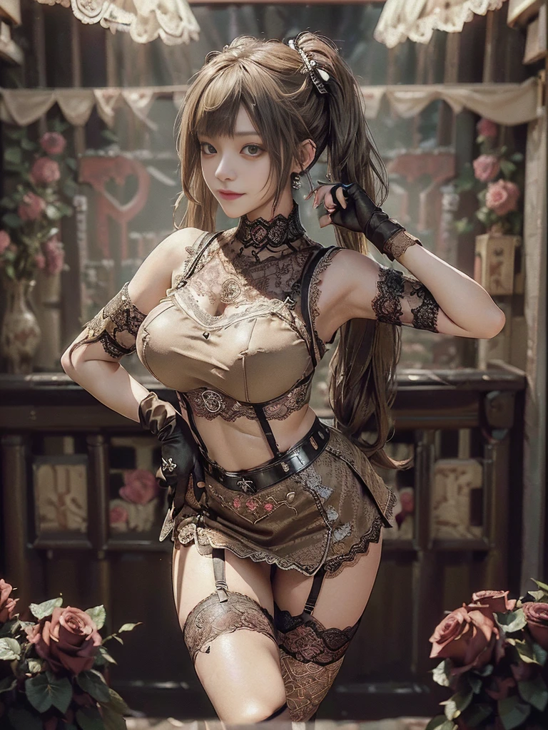 (Full Body View:1.2)、(Side view:1.1)、(Smiling with teeth showing:1.3),(Shibuya Gal:1.5)、(PLAYBOY girl:1.3)(Neo-goth style fashion:1.5)、(Idol Costumes:1.4)、(Medieval royal knitted miniskirt nightdress in wine, dark brown and beige with decorations:1.5)、(Black, brown and beige gloves and a Compression shirt:1.5)、(Denim high heels:1.3)、(Wearing silver accessories:1.5)、(Lace collar:1.4)、(Leather garter belt:1.4)、(Brown Skin Belt:1.3)、(Black lace underwear:1.5)、20-year-old、(Doing an aerobics pose:1.3)、((Highest quality、In 8K、masterpiece:1.3))、Sharp focus:1.2、(Layered Cut、Huge boobs:1.1),Beautiful woman with perfect figure:1.4、(Dancing vigorously:1.3)、Slender Abs:1.2、Highly detailed face and skin texture、Detailed eyes、double eyelid,(Twin tails:1.3)、(Brown-golden hair:1.3)、Gravure idol、(The background is a VIP room of a high-class cabaret club surrounded by roses on a sunny day outdoors.:1.3)、(Slim body:1.2),(Thin thighs:1.4),(clavicle:1.1)