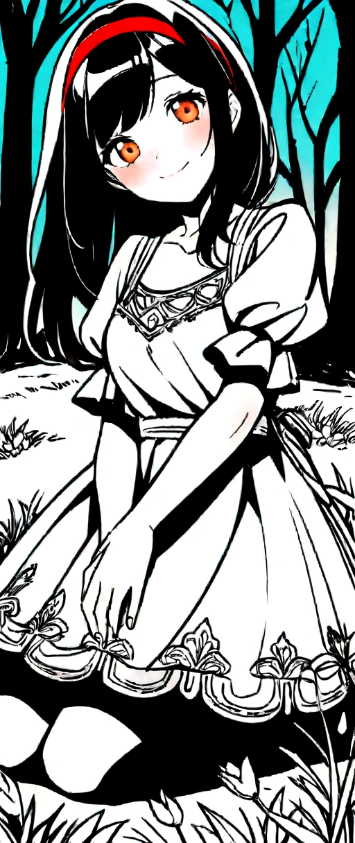 1girl, smile, head tilt, blush, (dress, puffy sleeves), full body, brown eyes, kneeling, black hair, red hairband, looking at viewer, flowers, meadow, tree,for coloring, black and white