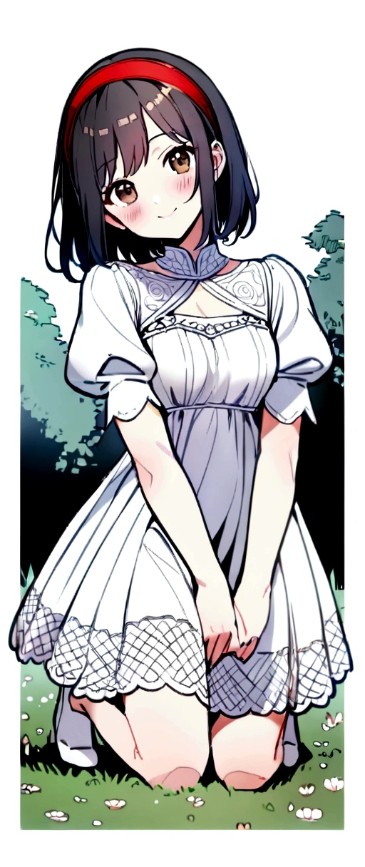 1girl, smile, head tilt, blush, (dress, puffy sleeves), full body, brown eyes, kneeling, black hair, red hairband, looking at viewer, flowers, meadow, tree,for coloring, black and white