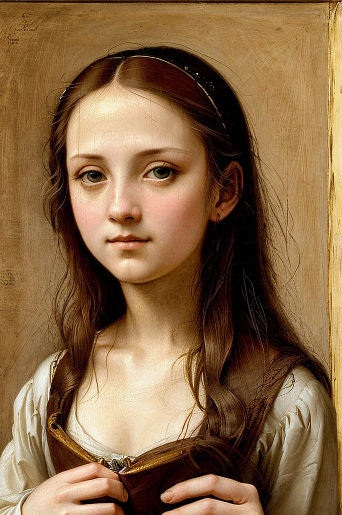 ((high resolution)), pale skin, freckled, brunette girl, ((small breasts)), long curly hair, as a fantasy priestess, sun shining behind head, in the style of William-Adolphe Bouguereau