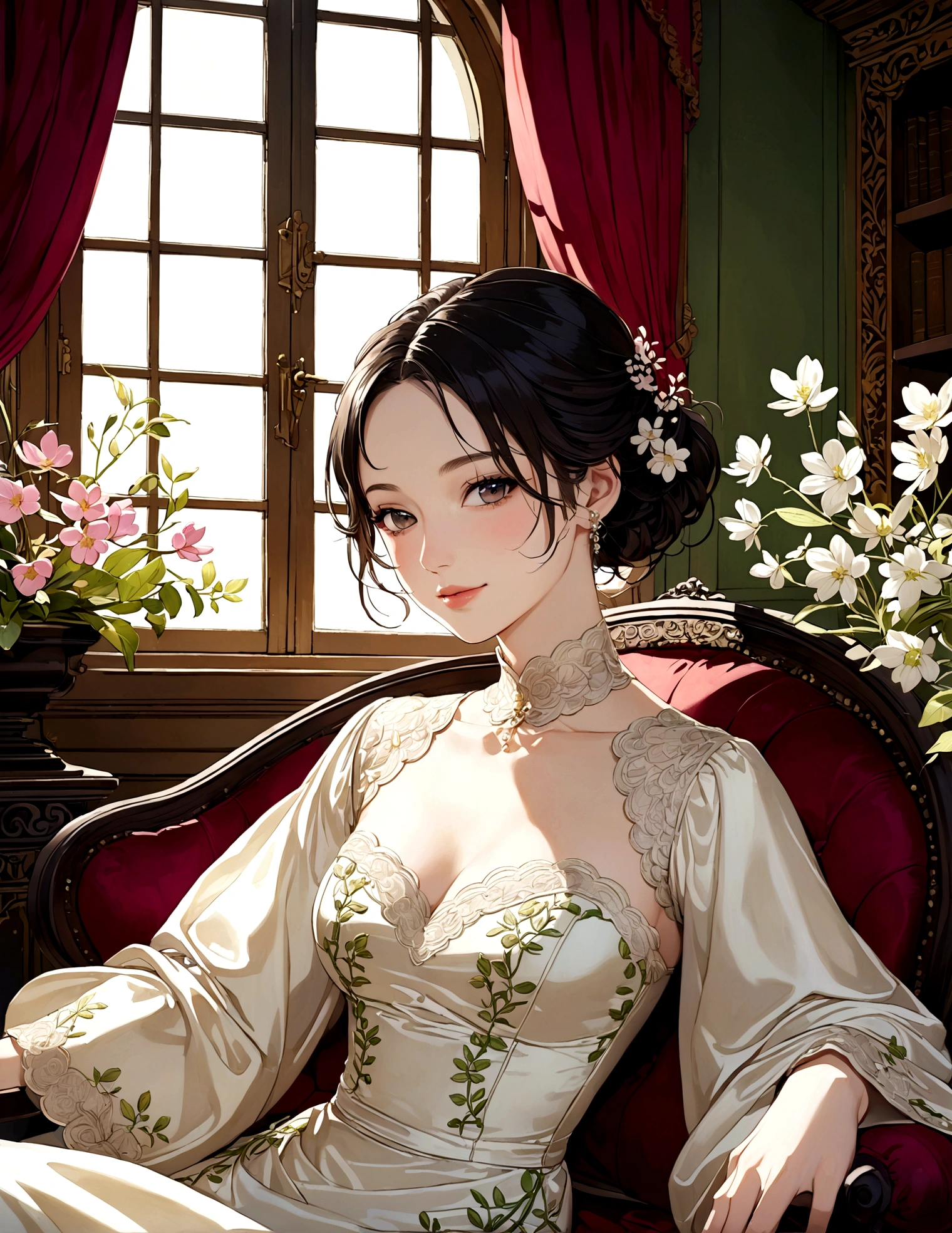 natural lighting, seductive smile, slightly shining hair, half up do, upturned cheeks, silk, satin, lace, embroidery, by a window, siting on splendid antique chair, spring ephemerals, magnificent interior,