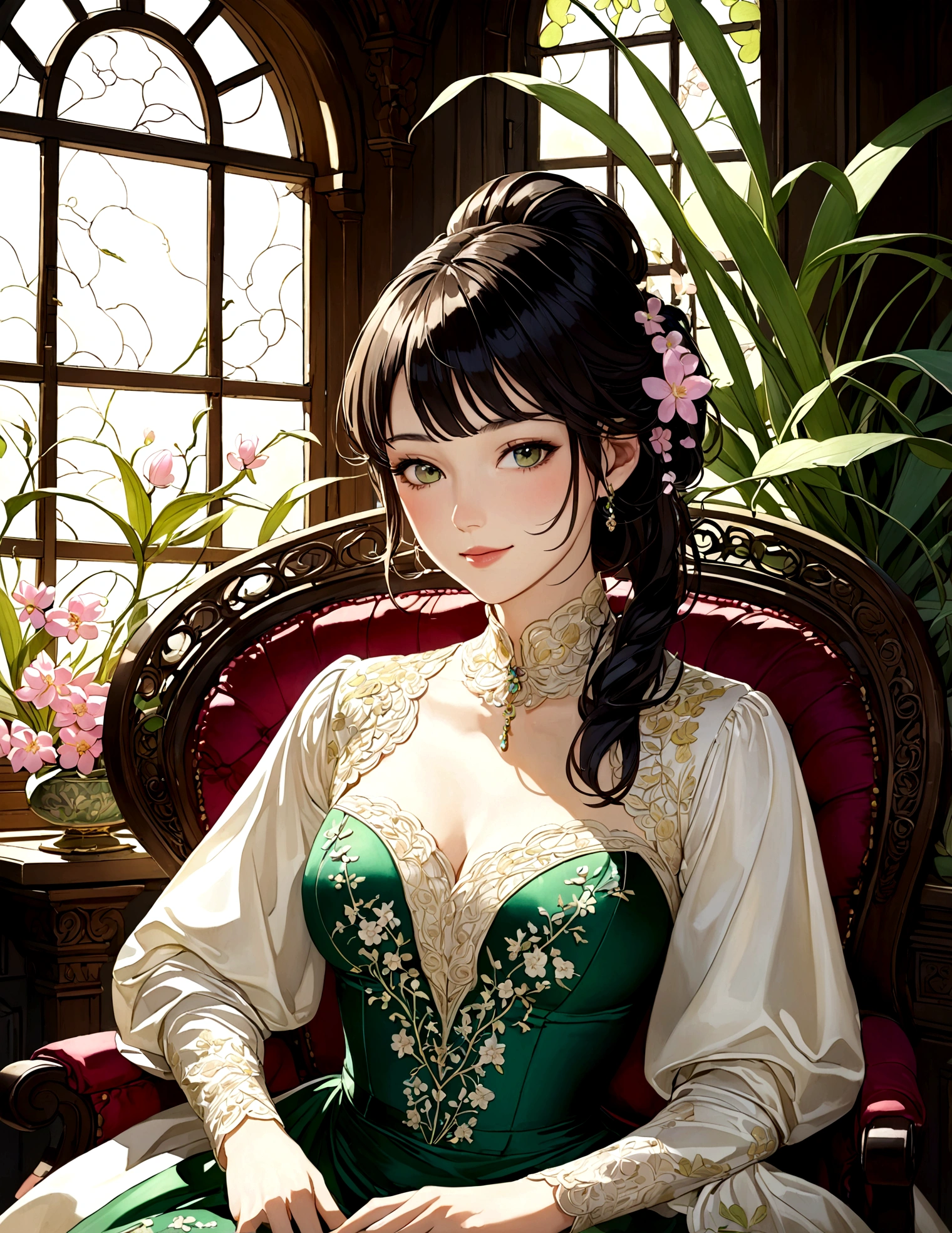 natural lighting, seductive smile, slightly shining hair, half up do, upturned cheeks, silk, satin, lace, embroidery, by a window, siting on splendid antique chair, spring ephemerals, magnificent interior,