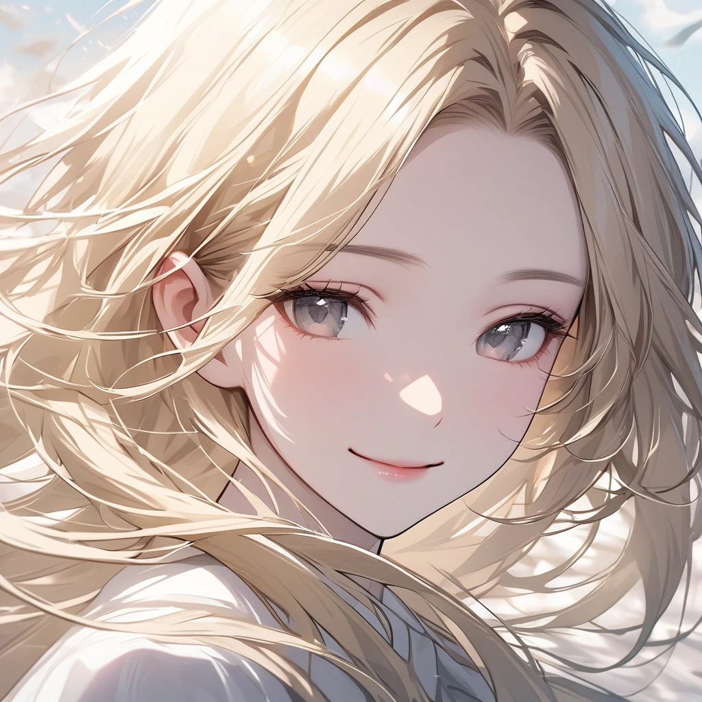 Beautiful, girl, ethereal, face close-up, wind, smiling, pure, simple, light blonde hair, gray eyes, angelical, large forehead, pale skin, delicate, long hair, straight hair, thin hair, shiny hair